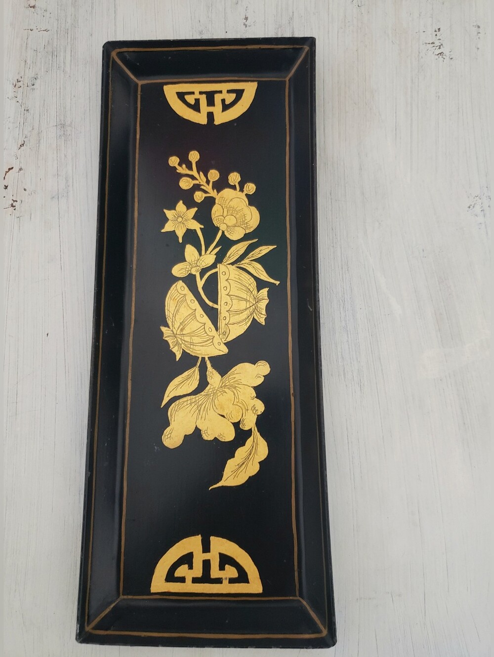 Vintage Hand-Painted Chinoiserie Toleware Metal Trinket Tray